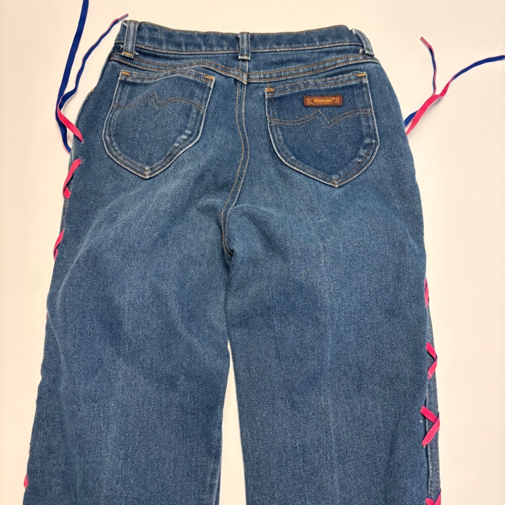Wrangler Lace Up Jeans Womens 8 Blue Pink Ribbon High Rise Straight Leg USA 0372